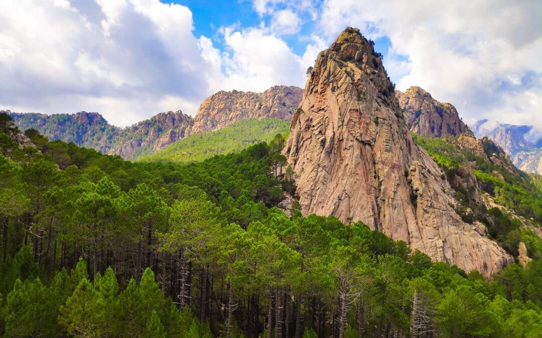 Aiguille de granite des Aiguilles de Bavella dressée au-dessus de la forêt de pins sur le GR20 en Corse